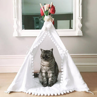 MINICAMP Cat Teepee & Dog Tent in White with Pompom decor