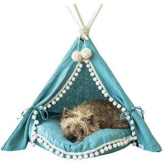 MINICAMP Dog and Cat Teepee in Turquoise Linen with Soft Pillow