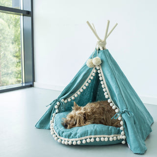 MINICAMP Dog and Cat Teepee in Turquoise Linen with Soft Pillow – Sizes S, M, L