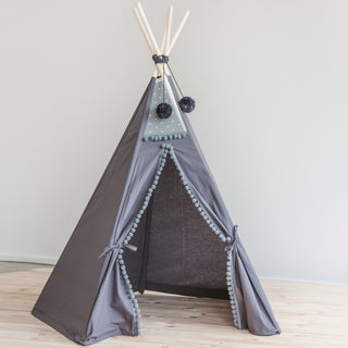 MINICAMP Grey Teepee Tent for Kids with Pom Poms