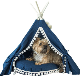 MINICAMP Dog and Cat Teepee in Navy Linen with Soft Pillow 