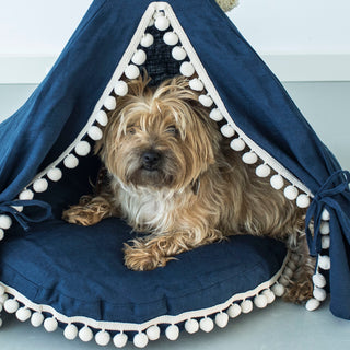 MINICAMP Dog and Cat Teepee in Navy Linen with Soft Pillow – Sizes S, M, L