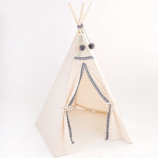 MINICAMP Kids Teepee in Off-white with Grey PomPoms